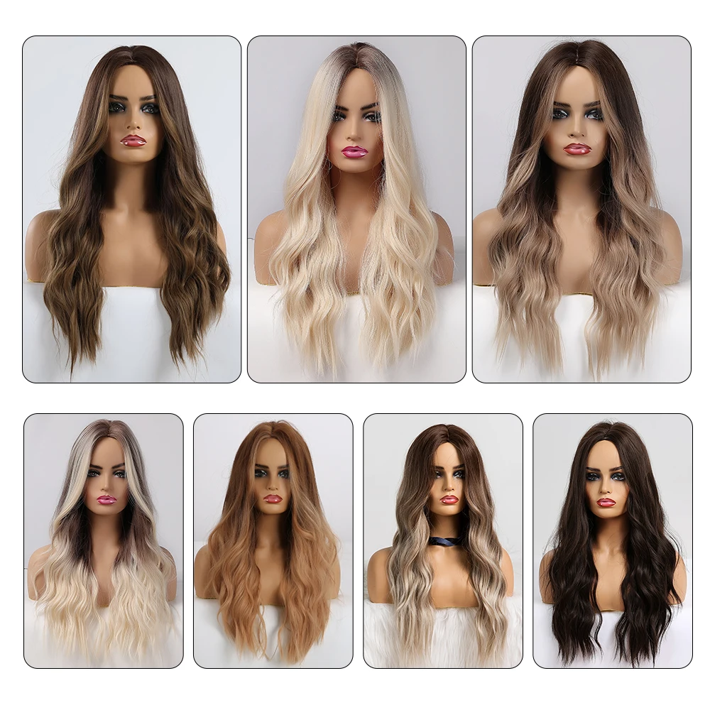 EASIHAIR Long Brown Ombre Synthetic Wigs for Women Natural Hair Wavy Wigs Ash Brown Blonde Heat Resistant Female Wig Cosplay
