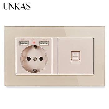 

UNKAS Luxury Glass Panel 2 Gang 146mm * 86mm Wall Power EU Standard + Dual USB Charge Port With Female RJ45 Computer Jack Outlet