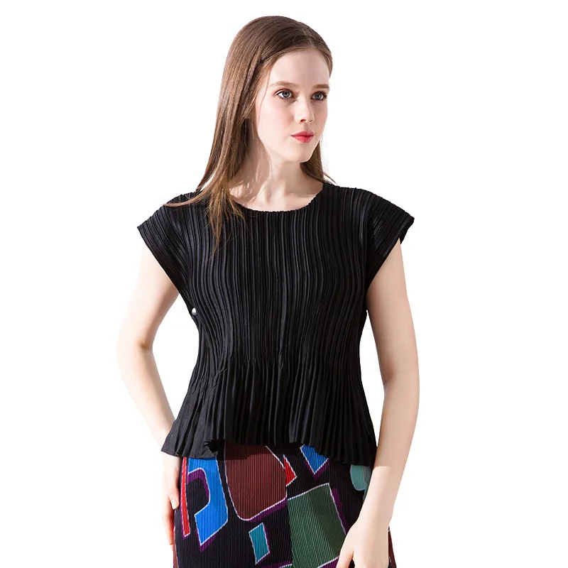 MIYAKE, плиссированная, одноцветная, дизайнерская, sense top, женская, новая, с Боковым Разрезом, все-в-одном, короткий рукав, футболка, женская, со складками, футболка - Цвет: Черный