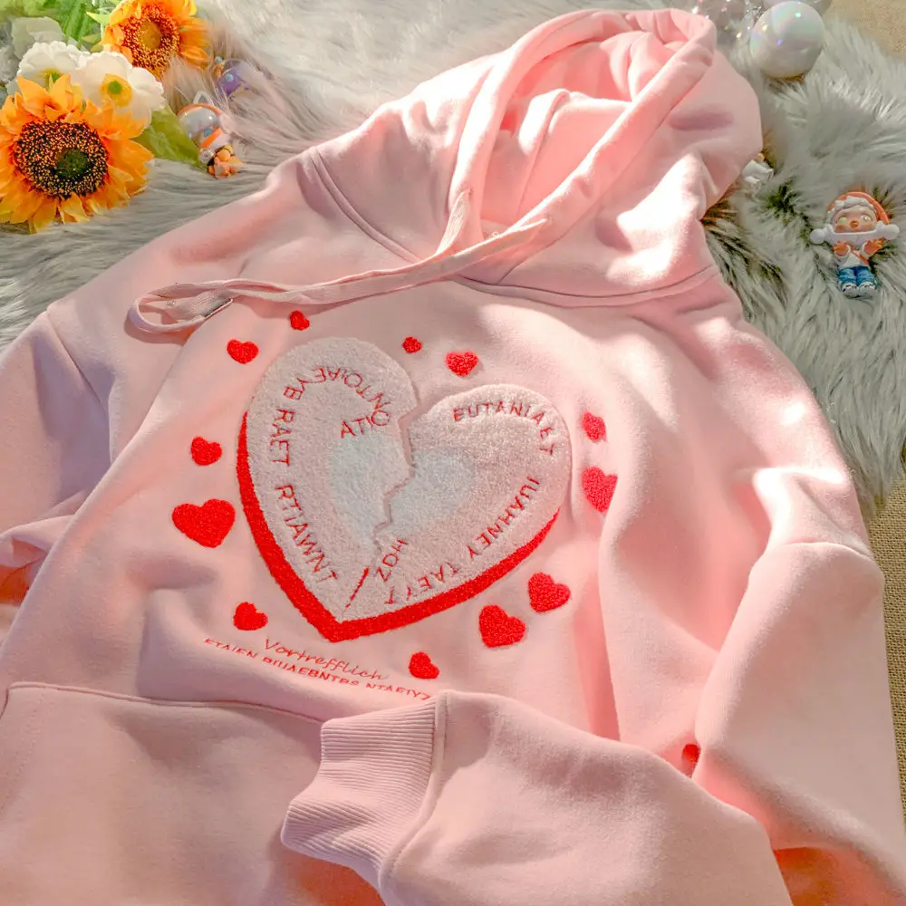 

Ins Cute Lover Heart Embroidery Pink Tops Hoodies Winter Clothes Women 2021 New Streetwear Harajuku Teens Clothes Korean Fashion