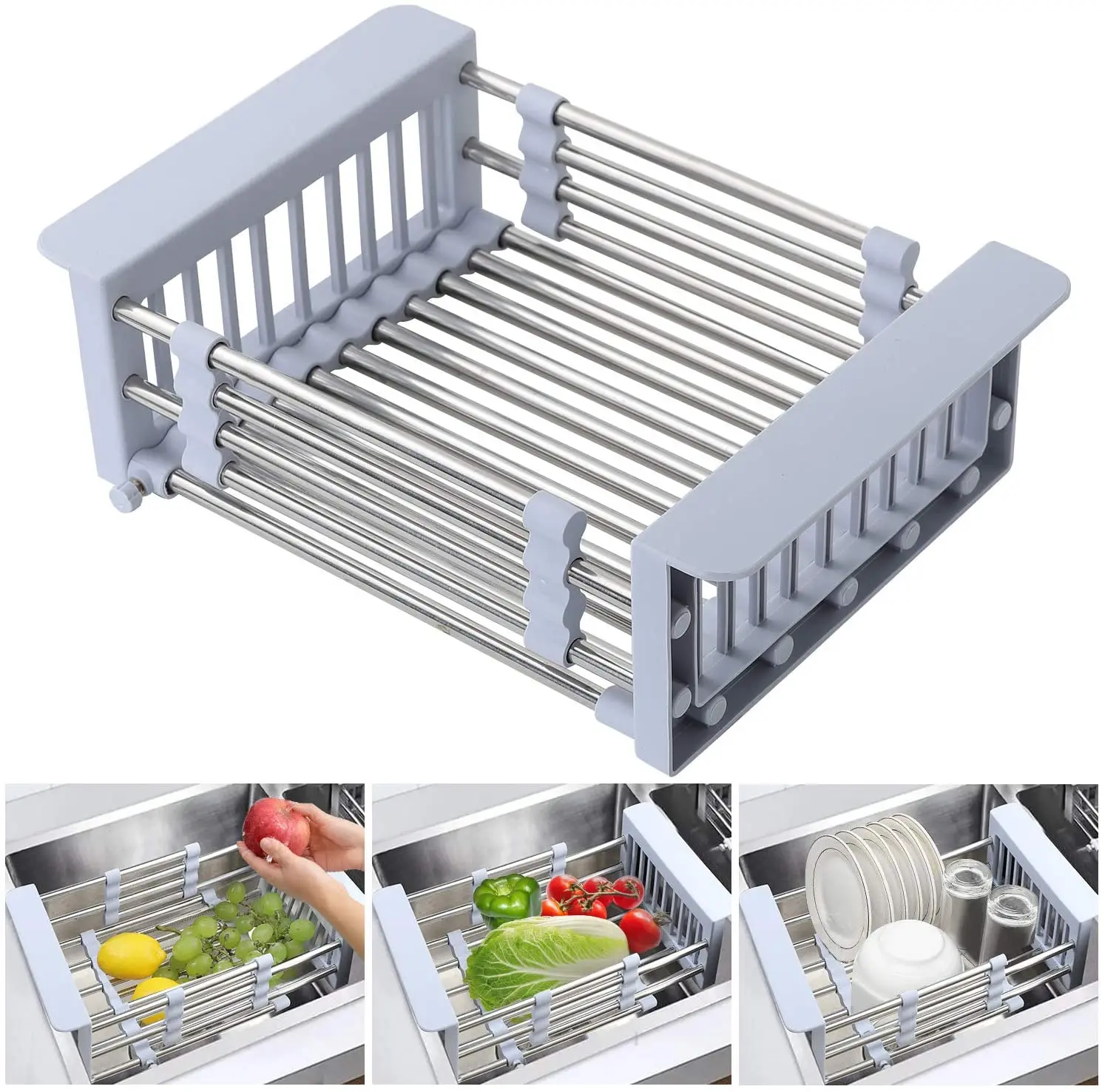 Expandable Dish Drying Rack Over Sink Stainless Steel Adjustable Dish Basket 