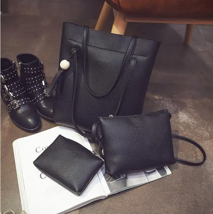 

Embossed Leather Bucket WOMEN'S Bag Wooden Bead Tassels Three-piece Set Trend Shoulder Bag Oblique Clutch Bag