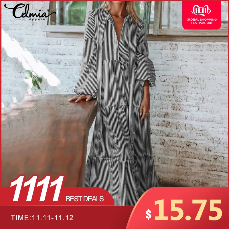 Vente Femmes rayé Maxi Robe longue Robe 2019 Celmia femme lanterne manches bohème Robe décontracté cravate ample plissé chemise Vestidos 5XL