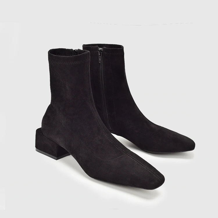 Узкие ботинки на молнии; эластичные носки; женские ботинки; Черные ботильоны «Челси»; квадратный носок; средний каблук