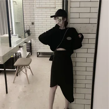 

Set Female 2020 New Korean Fashion Loose Long-sleeved Short Sweater Was Thin Skirt Two-piece Temperament Women's Clothes