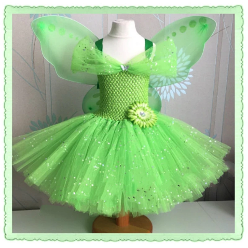Vestido de flores de ganchillo para niña, traje de tul brillante con ala,  Hada, mariposa verde, tutú, para Fiesta infantil|Vestidos| - AliExpress