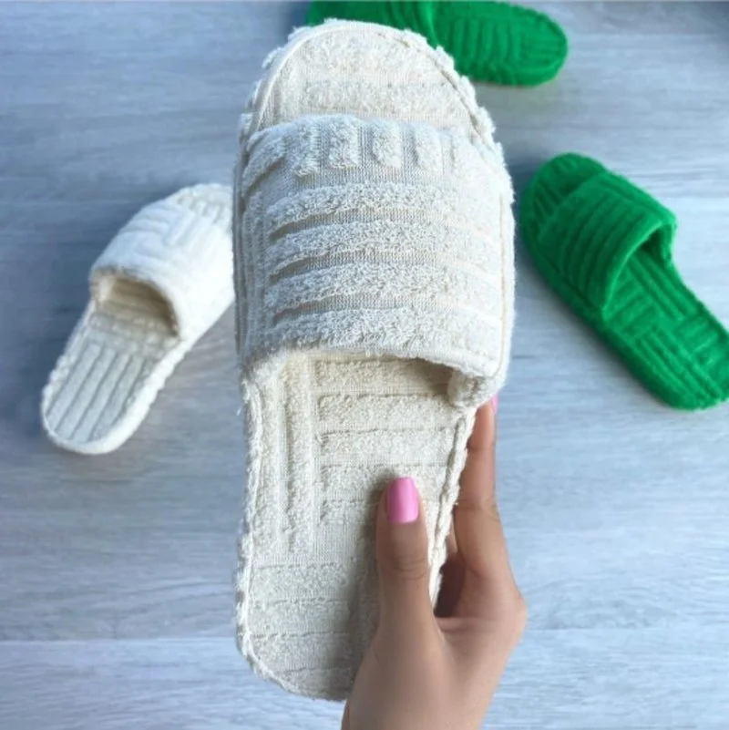 Luxury Brand Peep Toe Thick Sole Women Slippers Green Corduroy Flat Outwear Ladies Slides Summer Autumn Runway Flip Flops Women
