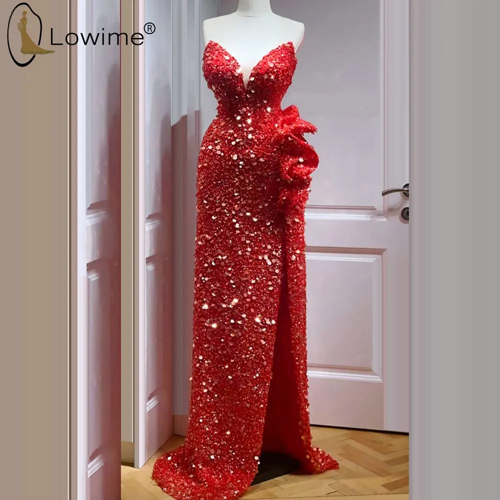 

Robes De Soiree Red Sparkly Sequined Evening Dresses Sexy Sweetheart Neck High Split Mermaid Prom Party Dress вечернее платье