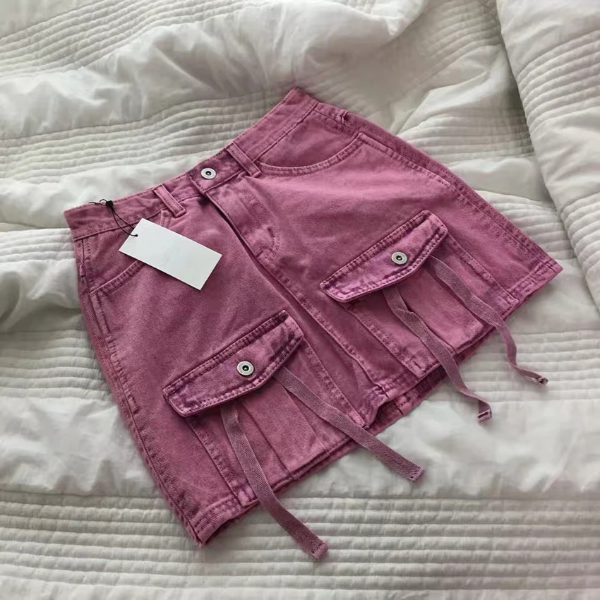 Ретро панк готика каваи японский Харадзюку розовая кружевная мини-юбка Уличная джинсовая юбка с несколькими карманами