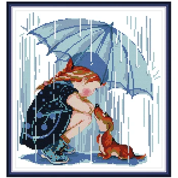 

Cross-Stitching 11&14CT Canvas People Needlework,Embroidery DIY DMC Cross Stitch Kit Girl And Dog In The Rain Pattern Home Decor