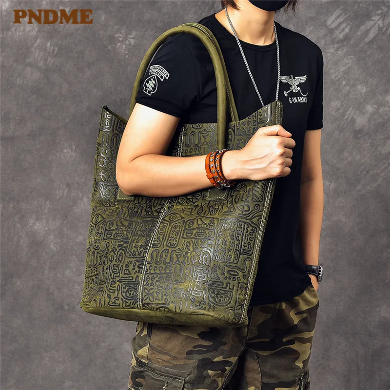 

PNDME vintage designer handmade embossed genuine leather men's women's tote bag large capacity cowhide handbag shoulder bag