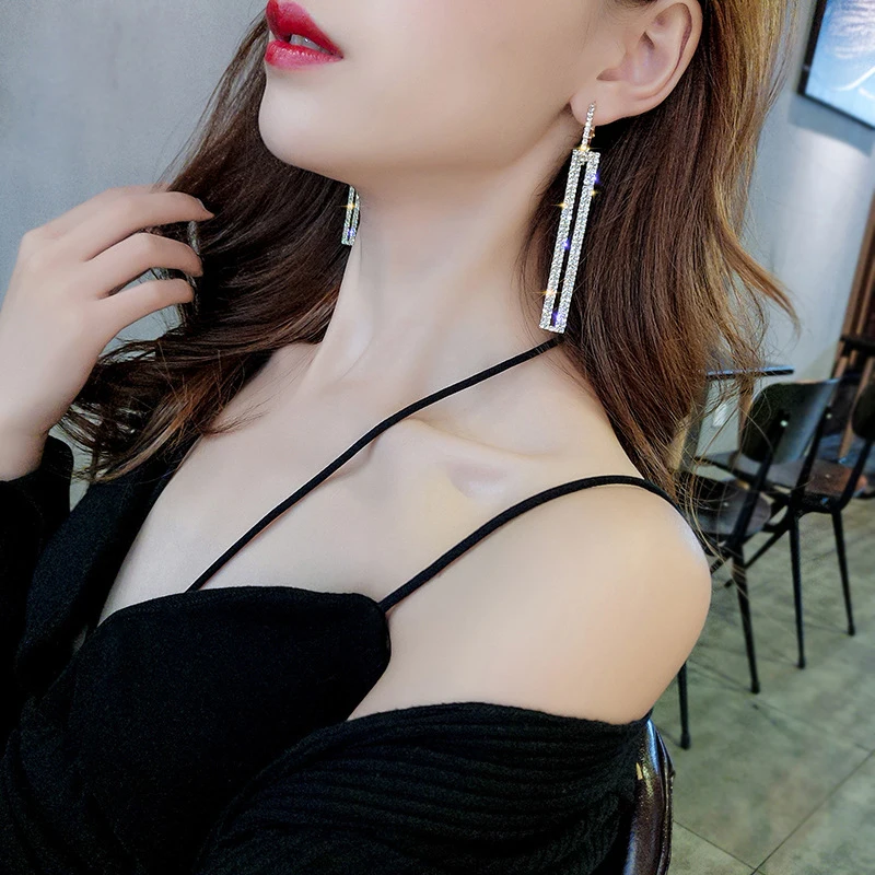 Drop Rectangle Women Jewelry Gold Silver Color Geometric Shining Fashion Long Gift Earring Luxury Rhinestone Party Dangle | Украшения и