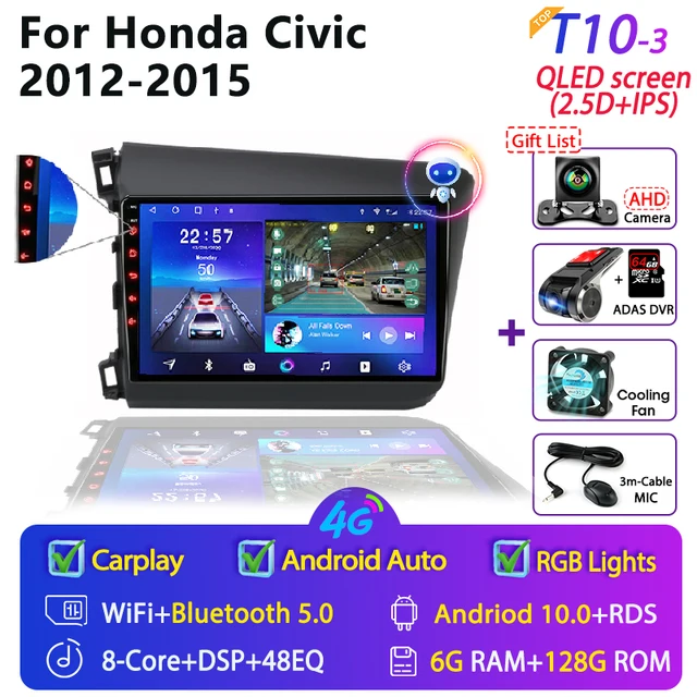 For Honda Civic 2012-2015 Android Car Radio 2 Din GPS navigation Multimedia Video Player RDS DSP 4G DVD Screen Floating stereo T10-3 DVR Cam 6G128G