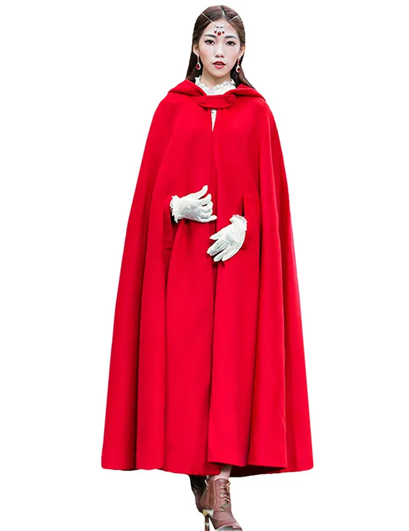 

Women's Wool Blend Hooded Cape Poncho Maxi Cloak Coat