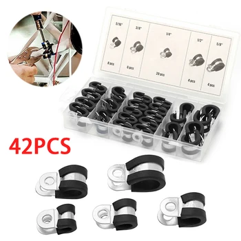 

42pcs/lot Black Galvanized Iron Rubber Lined Retaining Hose P Clip Wiring Hose Clamp Pipe Cable Clip for Automotive Fuel Lines
