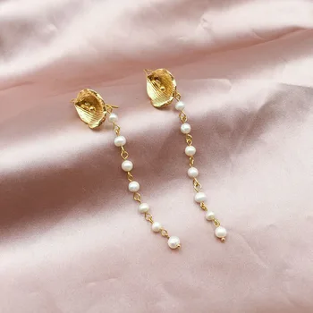 

2020 New Tree Leaves Pearl Drop Earrings for Women Gold-Color Alloy Elegant Drop Designer Brand Hanging Ear Jewelry Bijoux