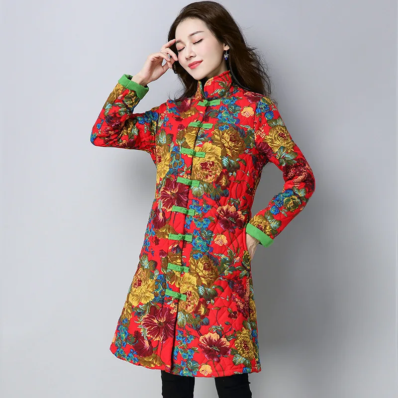 

8469 #2018 Cotton-padded Clothes Fall And Winter Clothes Ethnic-Style Large Size Dress Retro Printed Frog Stand Collar Middle Lo