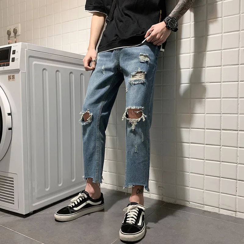 Promo Hole Jeans Men's Fashion Casual Loose Hip Hop Jean Pants Men Streetwear Wild Wash Retro Straight Denim Trousers Mens