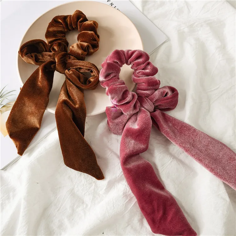 Velvet Ribbon Pleated Tie Elastic Hair Band Hair Headband Hair Accessories Women Solid Color Big Bow Girl Hair Band Bow Ornament
