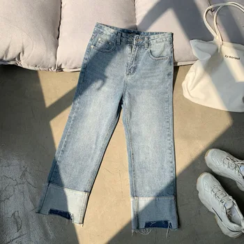 

HXJJP Summer 2020 New Jeans for Women Straight Tube High Waist Korean High Street Style Waist Womens Distressed Jeans