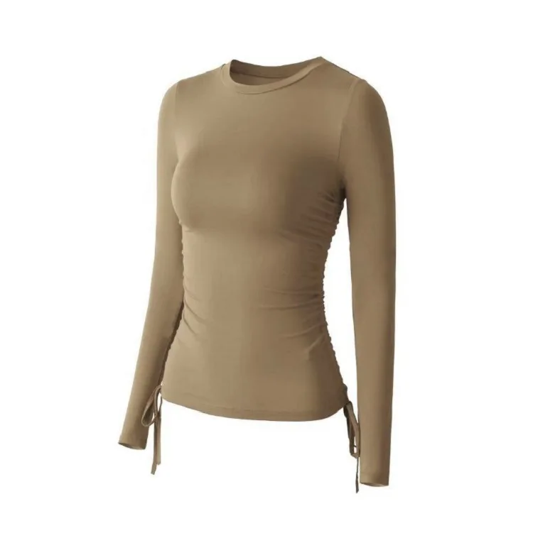Side Drawstring Long Sleeves Autumn Winter Women O Neck Yoga Shirts Breathable Quick Dry Solid Color Running Fitness T-shirts
