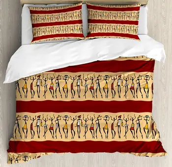 

African Duvet Cover Set Native Indigenous People Different Poses Culture Borders Decorative 3 Piece Bedding Set with 2 Pillow