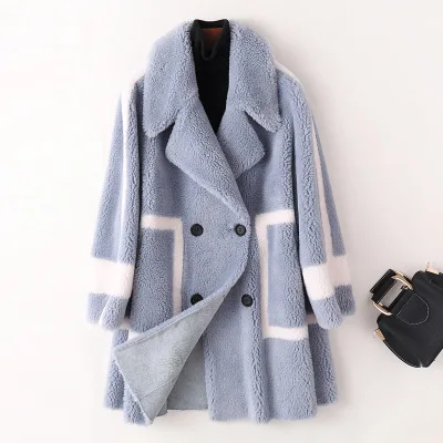 Зимнее женское пальто высокого качества из овечьей шерсти модное двубортное толстое теплое меховое пальто кашемировое пальто для женщин - Цвет: Light blue