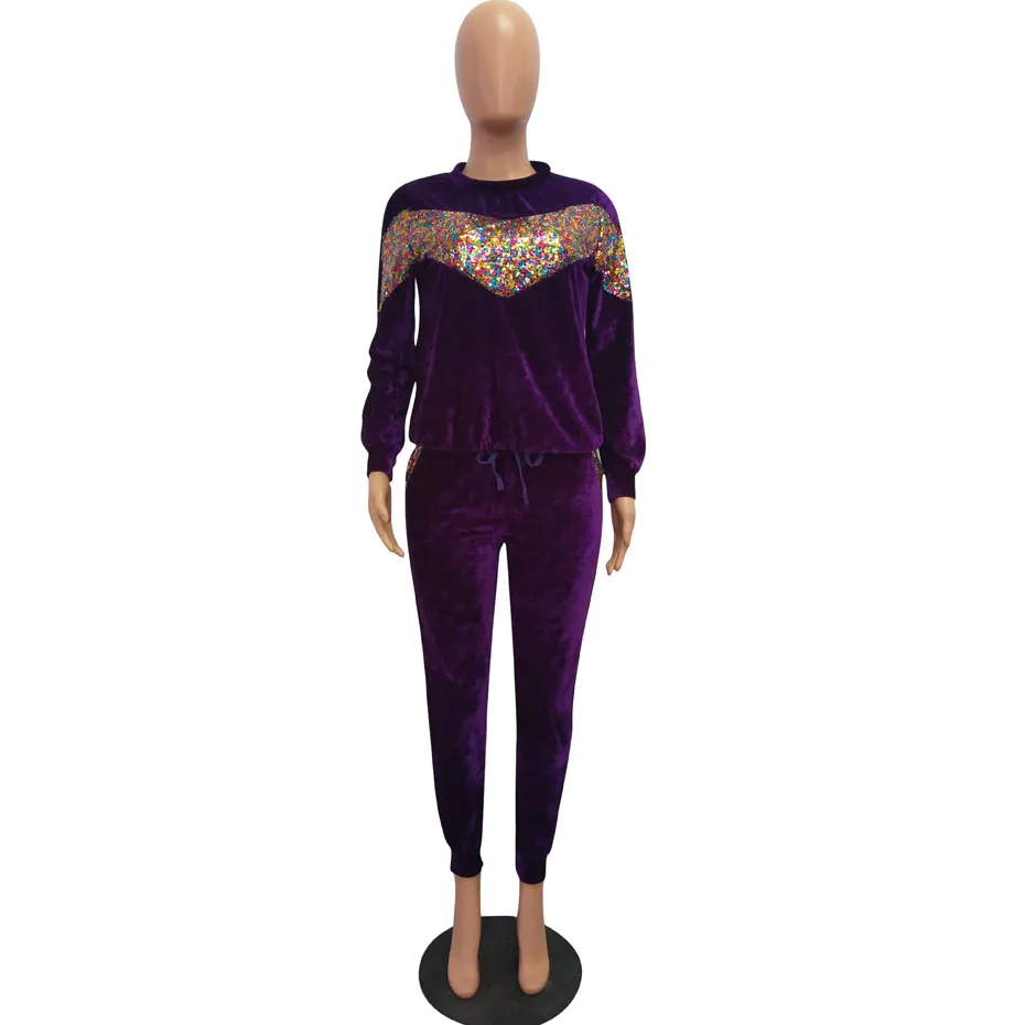 HAOYUAN Женский комплект 2 шт. из плотного бархата с блестками; Спортивный костюм; топы с длинными рукавами и брюки; осенний Велюровый костюм из двух предметов - Цвет: Фиолетовый