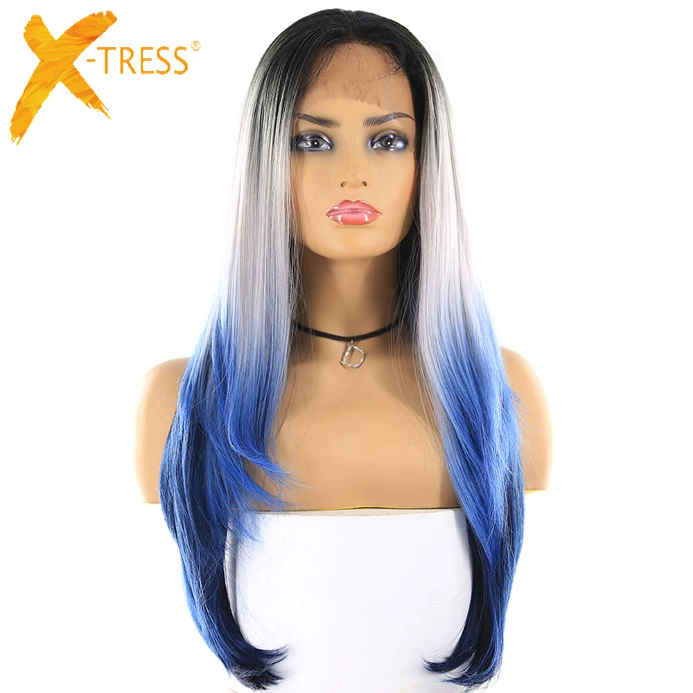 

Dark Roots Platinum Blue Ombre Color Synthetic Hair Lace Front Wigs With Baby Hair X-TRESS Long Straight 13x4 Lace Frontal Wig