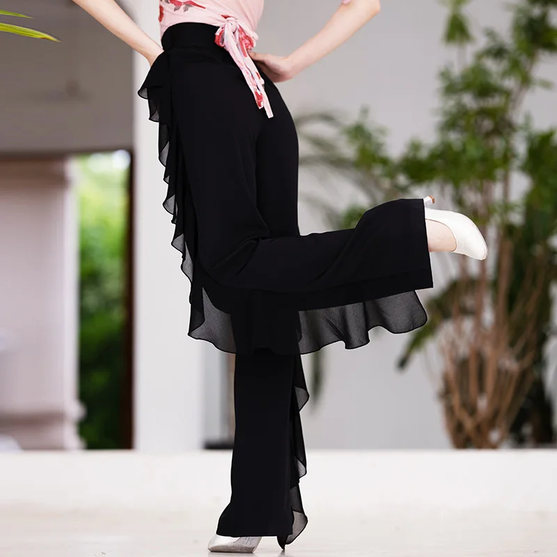 Latin Dance Pants Women Black Ruffle 