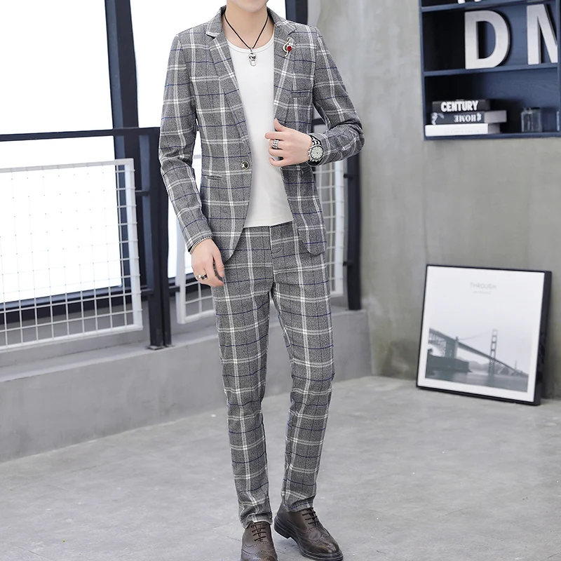 Otoño de los hombres casual de manga larga traje de juventud coreana guapo auto-cultivo tendencia plaid traje pequeño traje de dos piezas