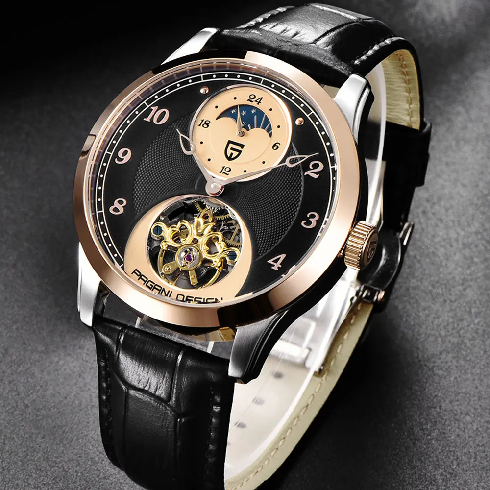 42 мм Pagani Дизайн черный золотой циферблат Tourbillon Мужские часы Phase Moon кожаный ремешок Роскошные автоматические механические мужские часы