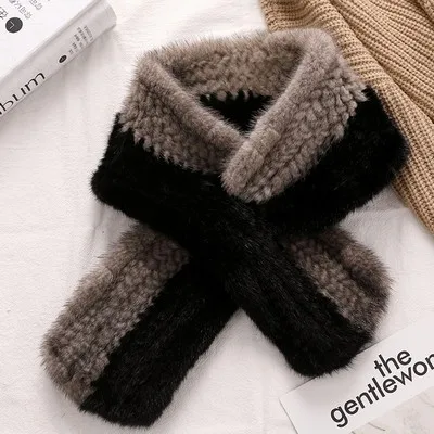 Glaforny корейский женский норка трикотаж шарф осень и зима женский утолщенный теплый меховой шарф двойной крест шейный платок - Color: gray and black