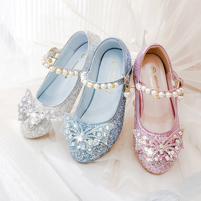 Princess Girls High Heels Children Dance Single Girl Crystal Bowknot Rhinestone Beaded Leather Shoes leather shoes girls shoes girls high heel shoes