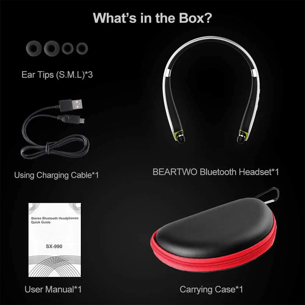 Bluetooth Headphones Wireless Neckband Headset Retractable Earbuds Noise Cancelling Stereo Earphones for Workout Running Driving 6