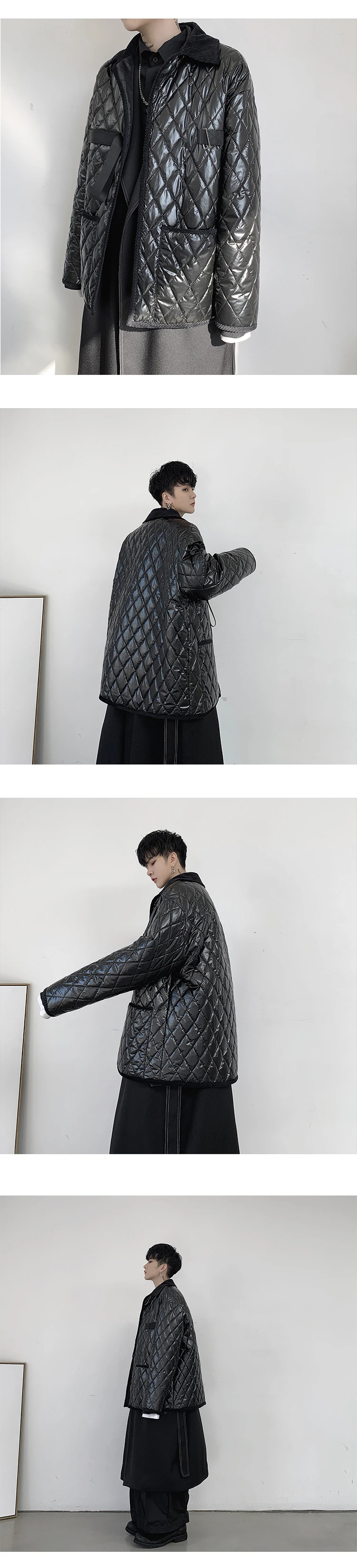 Casual Black Plaid Cotton Padded Jacket Male Japan Style Loose Streetwear Hip Hop Gothic Ribbon Outerwear Parka Coat Erkek Mont