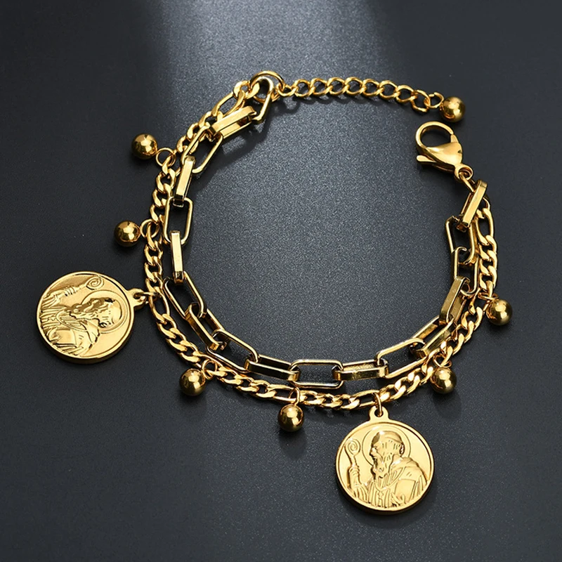 Новое поступление двойной Религиозный браслет из нержавеющей стали для женщин женские золотистые бусины браслет подвеска с Иисусом дамские ювелирные изделия подарок