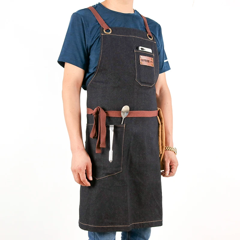 WEEYI Kitchen Apron Men Women Chef Cooking Denim Apron Kitchen Black Man aprons Pocket For Barista Bartender delantal cocina