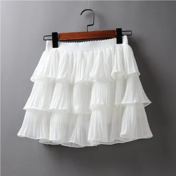 

Summer Women Elasticity Waist Mini Skirt Ladies Chiffon Skirt Ladies Casual Cake Skirts Black White Female Pleated Skirts