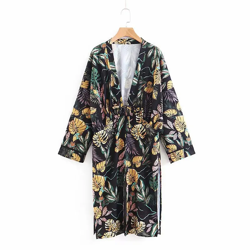 

2018 Western Style Spring And Summer WOMEN'S Dress New Style V-neck Mid-length Printed Coat