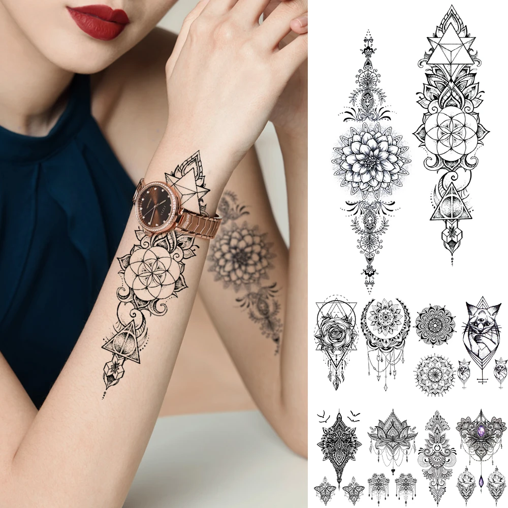 Mehndi Black Totem Temporary Tattoos For Women Lady Girls Mandala Moon Cat  Fake Jewelry Realistic Tattoo Sticker Body Art Tattos - Temporary Tattoos -  AliExpress