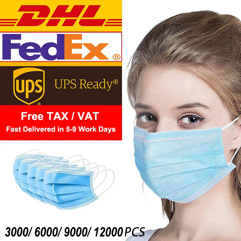 

Free DHL Fedex UPS Wholesale 3000/6000/9000/12000 pcs 3 Layers Filter Virus Dust PM2.5 Disposable Face Mouth Masks Free TAX VAT