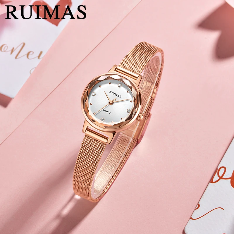 Montre Femme Ruimas женские часы золотые кварцевые из нержавеющей стали с сетчатым