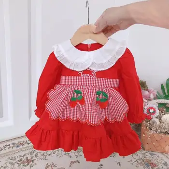 

baby dress embroidered strawberry pattern long sleeve cotton baby girls red color dress