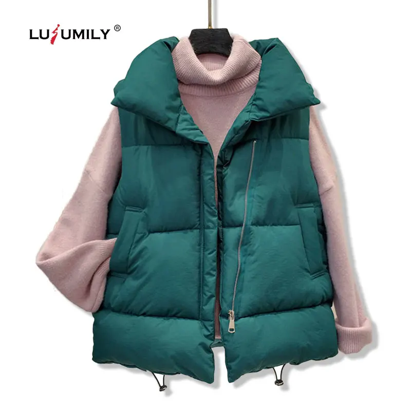 

Lusumily New Arrival Autumn Winter Cotton Jacket Women Vest Short Design Korean Style Coat Chaleco Mujer White Green Waistcoat