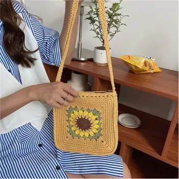 

Women Fashion Sunflower Shoulder Bag Ladies Knitted Square Summer Crossbody Tote A69C