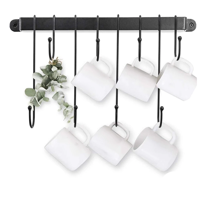 Hot Coffee Mug Rack Wall Mounted Coffee Cup Holder with Flexible Hooks for Mugs Teacups Kitchen Utensils(16 Inch/Black) cup storage holder