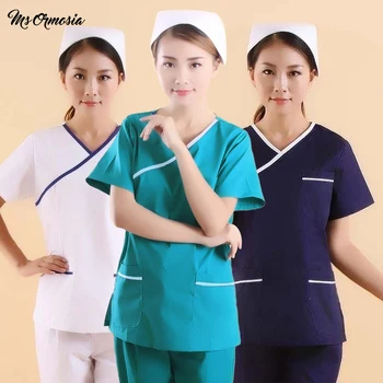 

Women Fashion Scrubs Tops V-Neck Short Sleeves Shirt with Two Large Pockets Beauty and Health Workwear SPA Nursing Uniform new