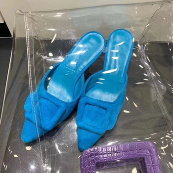 

Women Summer Slippers 2020 Luxury Design Square buckle Decor Women High Heels Pumps Runway Outdoor Flock Slids Women Slippers