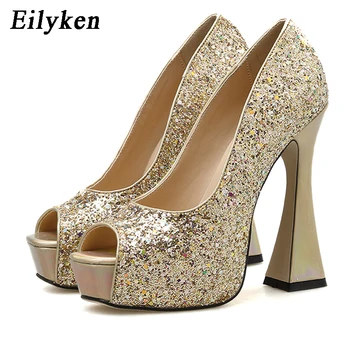 

Eilyken Elegant Women High Heel Shoes Fashion Bling Sequined Cloth Peep Toe Strange Heels Nightclub Pumps Ladies Sandals